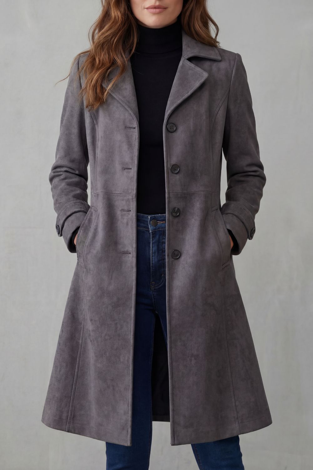 Charcoal suede longline coat with notched lapels and button front, side pockets.