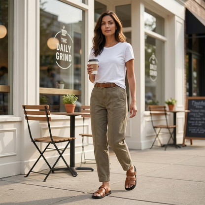 Warm khaki tapered utility pants with belt loops and straight leg fit