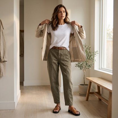 Warm khaki utility pants with pockets and straight leg hem