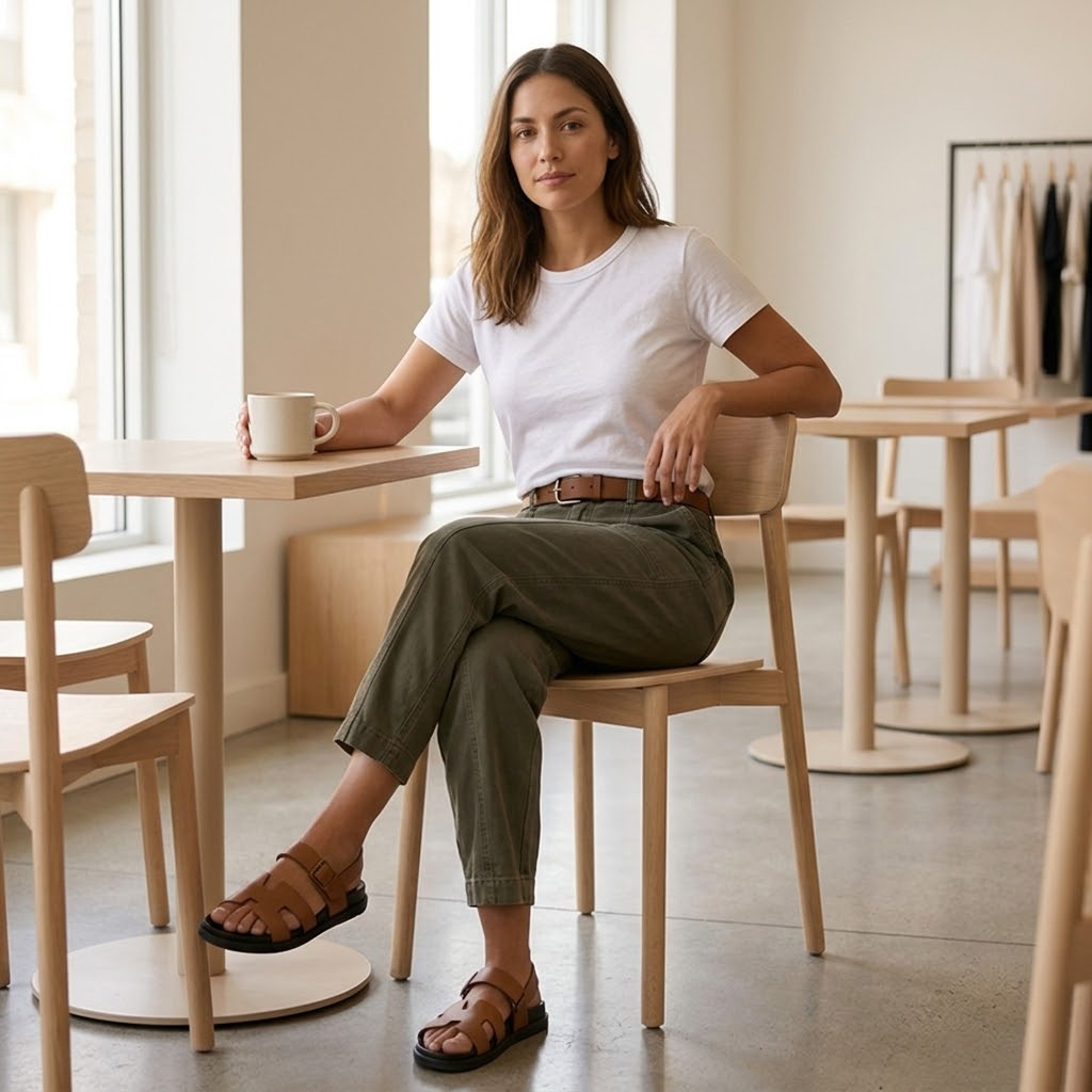 Deep olive utility pants with cuffed hem, belt loops, and front pockets
