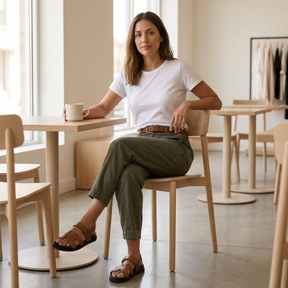 Deep olive utility pants with cuffed hem, belt loops, and front pockets