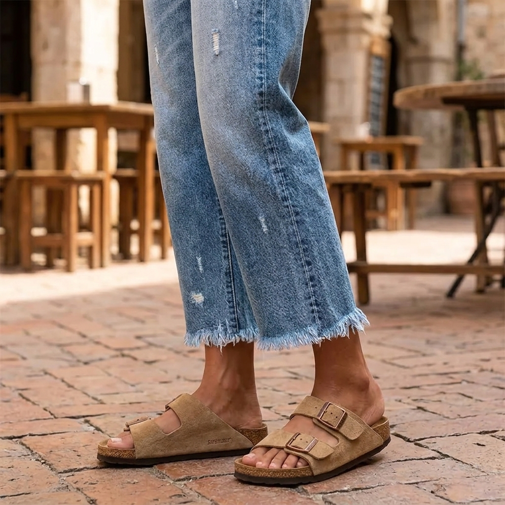 Women's cropped straight-leg jeans with frayed hem, light blue wash