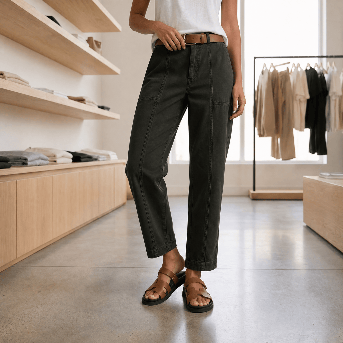 Deep olive utility pants with belt loops, straight fit, and cuffed hem