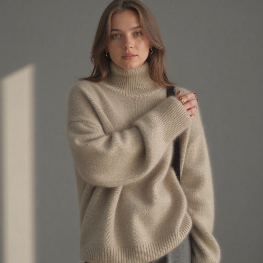 Cream/beige oversized roll-neck cashmere jumper, front view with relaxed fit