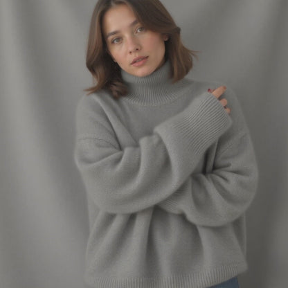 Grey women's oversized roll neck cashmere jumper with long sleeves and relaxed fit