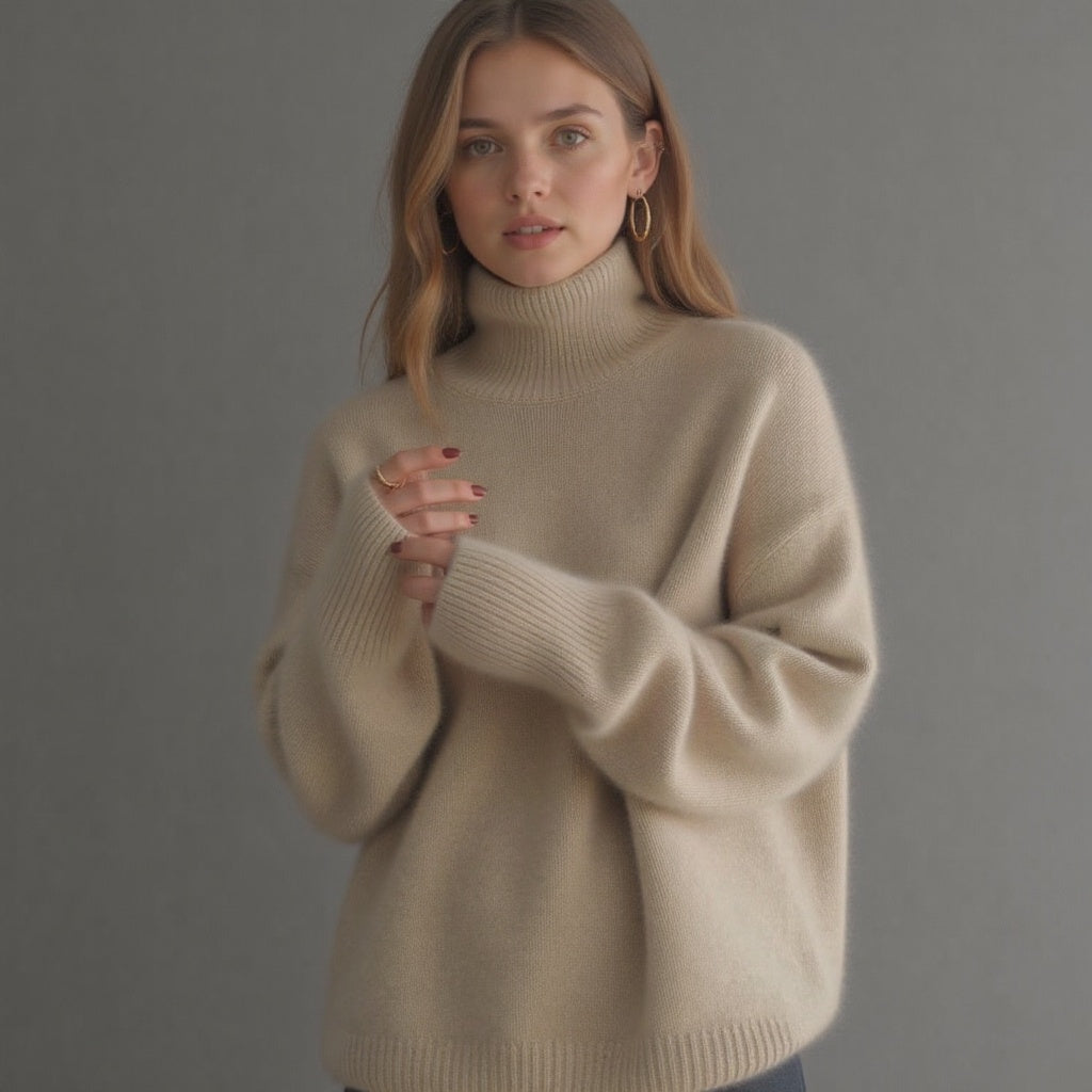 Beige oversized roll-neck cashmere jumper with ribbed cuffs and hem