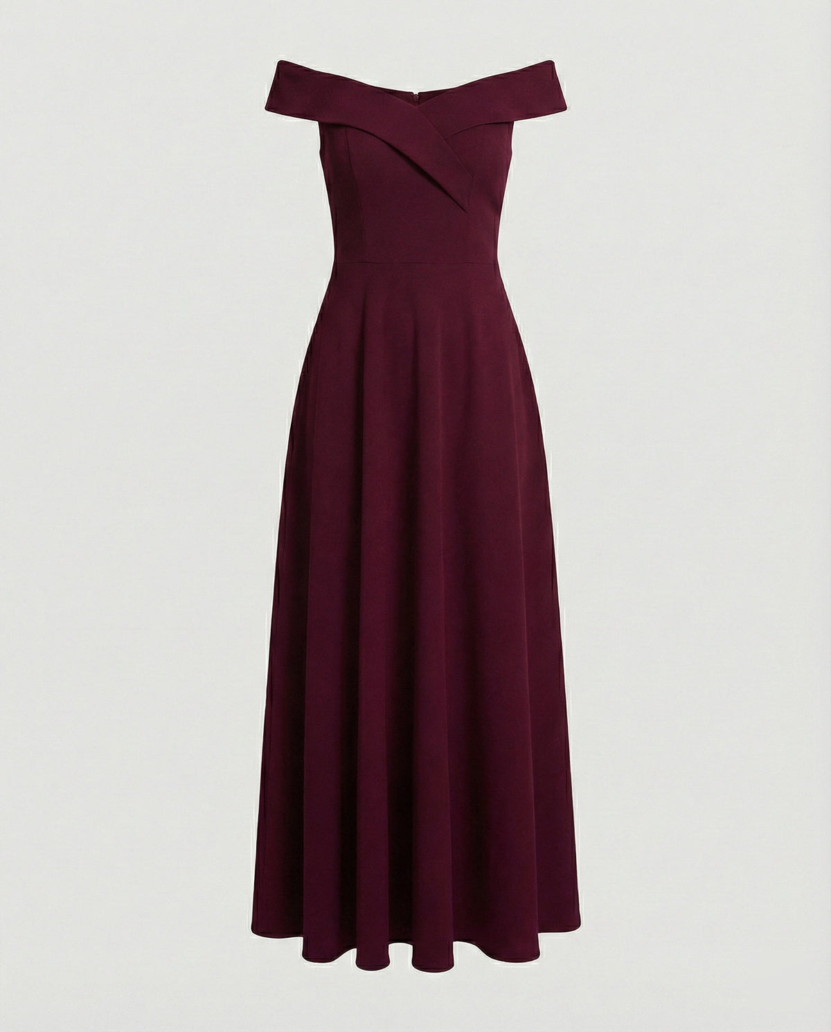 Red off-shoulder long evening dress on mannequin, wide neckline and flared pleated hem