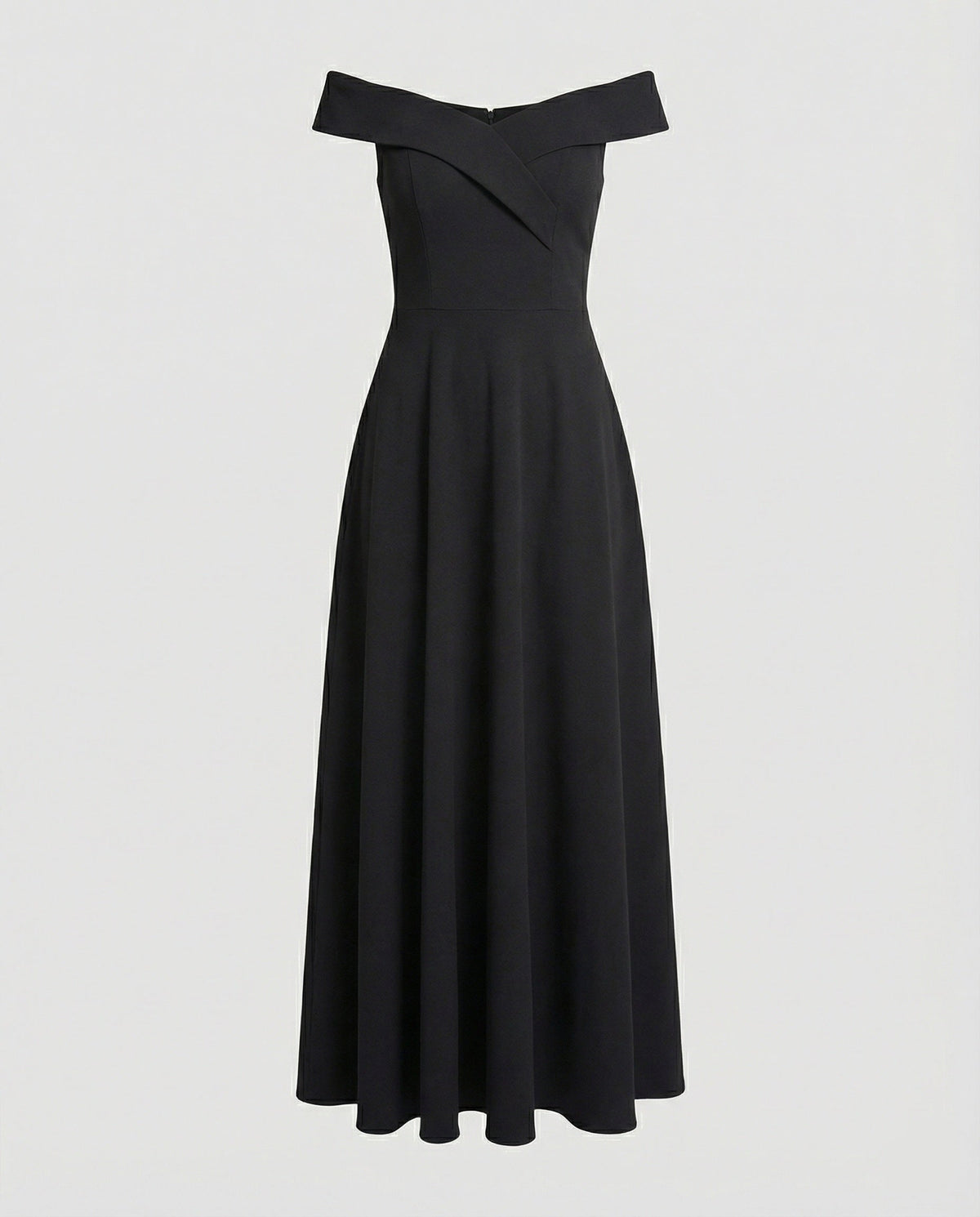Black off-shoulder long evening dress on mannequin, wide neckline and pleated skirt