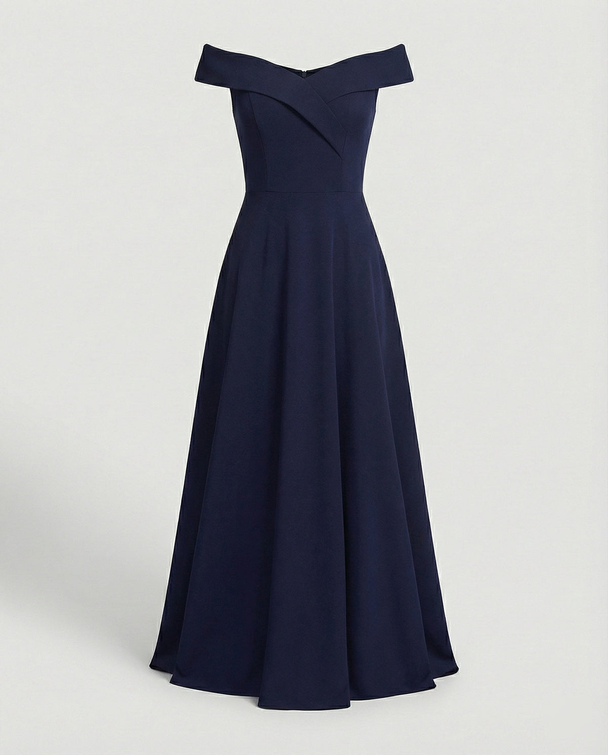 Blue off-shoulder long evening dress on mannequin, wide neckline and pleated skirt