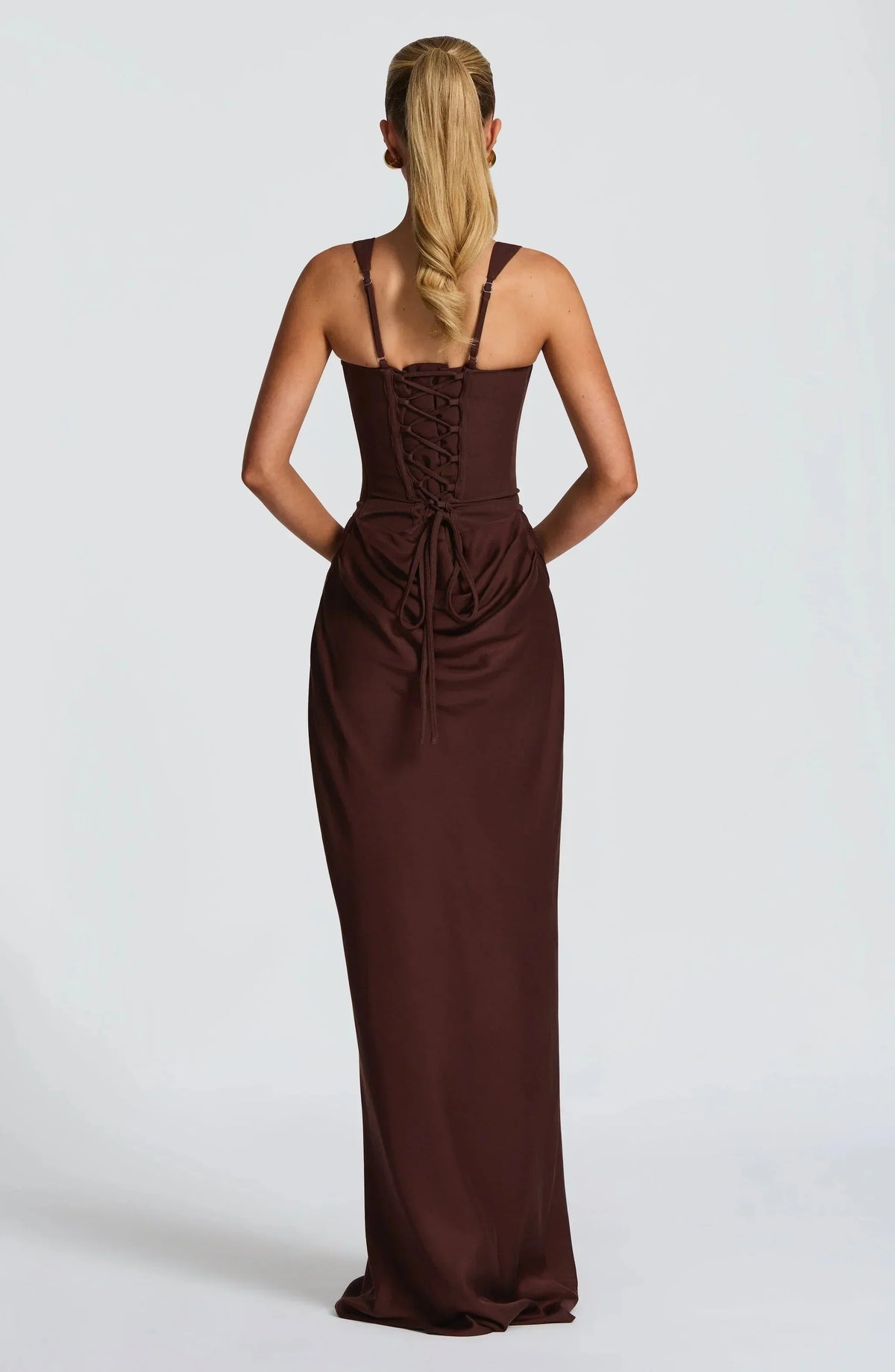 Burgundy backless maxi dress with lace-up back and gathered ruched waist detail