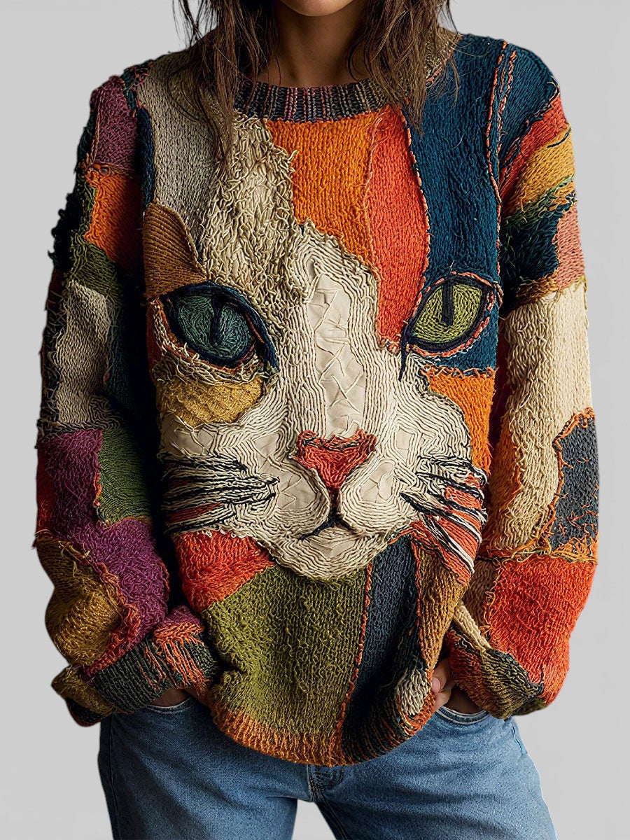 Multicolor cat graphic knit sweater, crew neck and long sleeves