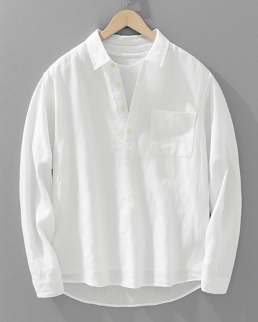 Men’s white cotton-linen popover shirt with front placket, chest pocket, long sleeves