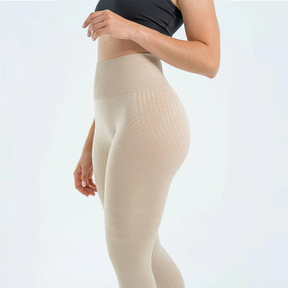 Anti-cellulite compression leggings for women, full-length beige with smooth high-rise fit